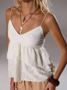 TRNVIE 女式V领分层花卉奶油色休闲背心，春夏 - 杏色 - 查看 1