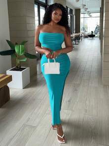 Alexandranx Women's Strapless Hollow Out Waist Side Slit Dress - Mint Blue - View 5