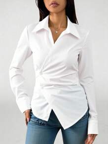Tween Girls Casual Solid Color Asymmetric Hem Long Sleeve Shirt - White - View 3