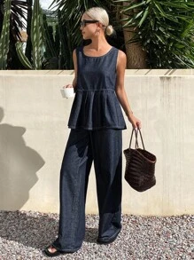 Livesso 女士荷叶边下摆圆领无袖上衣和牛仔裤休闲牛仔套装 - 深色水洗藍 - 查看 5