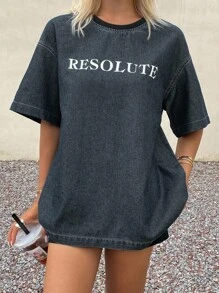 Livesso 女式休闲字母印花牛仔衬衫，夏季 - 藍色 - 查看 6