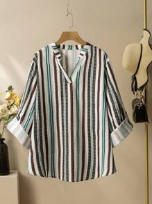 Lacomfia 2pcs Women Plus Size Casual Textured Colorful Stripe Print Long Sleeve Shirt And Wide Leg Pants Suit, Loose And Comfortable Fall Cloth For Women - Multicolor - View 3