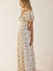 Aralina 女士秋冬休闲度假风印花甜心领泡泡袖修身连衣裙，适合乡村音乐会、教师节、毕业典礼等场合。 - 彩色 - 查看 5