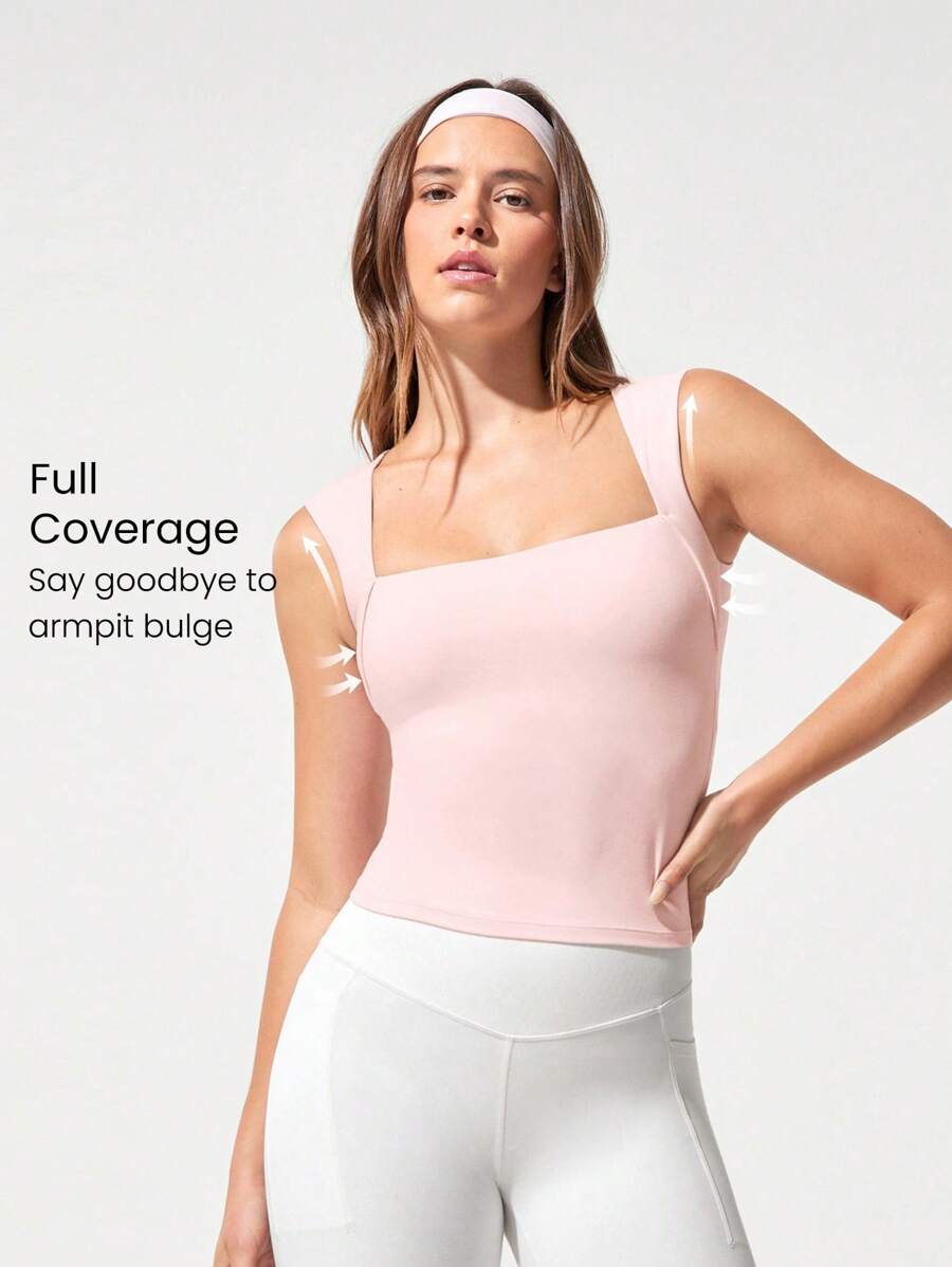 GLOWMODE FeatherFit™ Full Underarm Hip Length Square Neck Basic Tank Top Low Impact Yoga Pilates Studio Daily Removable Cups Valentine's Day