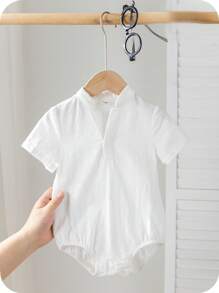 SHEIN Casual Daily Baby Unisex Stand-Up Collar Cardigan Bodysuit, Suitable For Spring And Summer Wear, Indoor And Outdoor