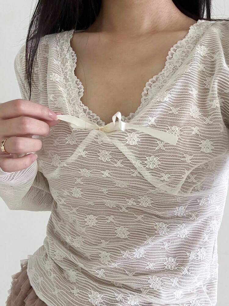 V-Neck Bowknot Sheer Lace Trim Long Sleeve Sexy Crop Top For Women