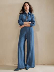 Anewsta 2pcs Vintage Style Long Sleeve Cardigan Shirt And Flared Leg Pants Set, Autumn - Blue - View 7