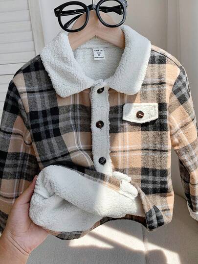 休闲运动绅士学院风百搭格纹羊羔绒加厚夹克外套，适合男生，通勤、上学、居家、休闲、街头、派对、户外、秋冬