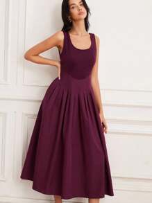 EMERY ROSE French Retro Elegant Red U-Neck Patchwork Design Gathered Waist Loose Sleeveless Dress - Burgundy - View 1