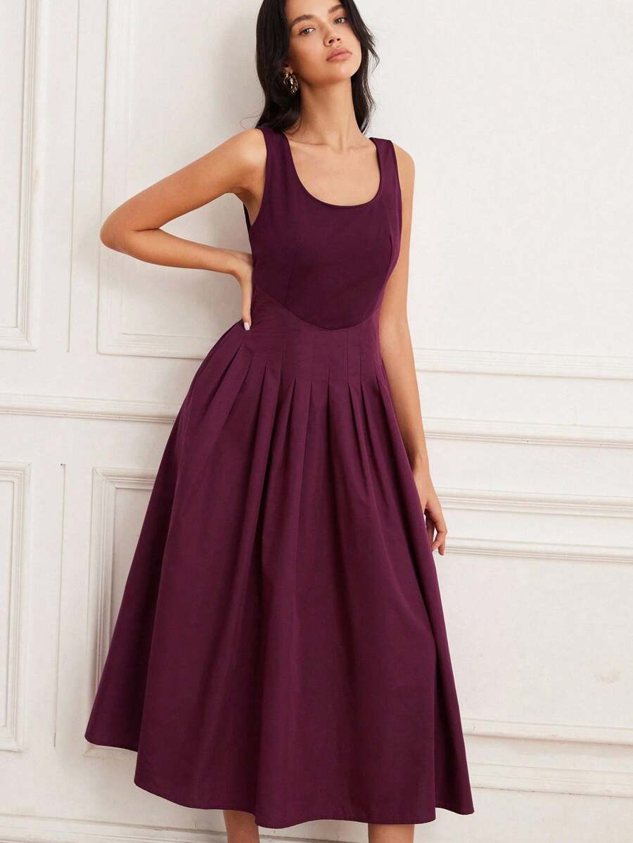 EMERY ROSE French Retro Elegant Red U-Neck Patchwork Design Gathered Waist Loose Sleeveless Dress - Burgundy - View 1