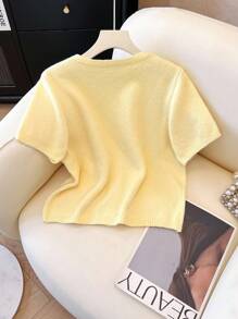 Franclia 女士经典长款优雅简约百搭休闲短袖开衫毛衣，办公室穿着 - 黃色 - 查看 2