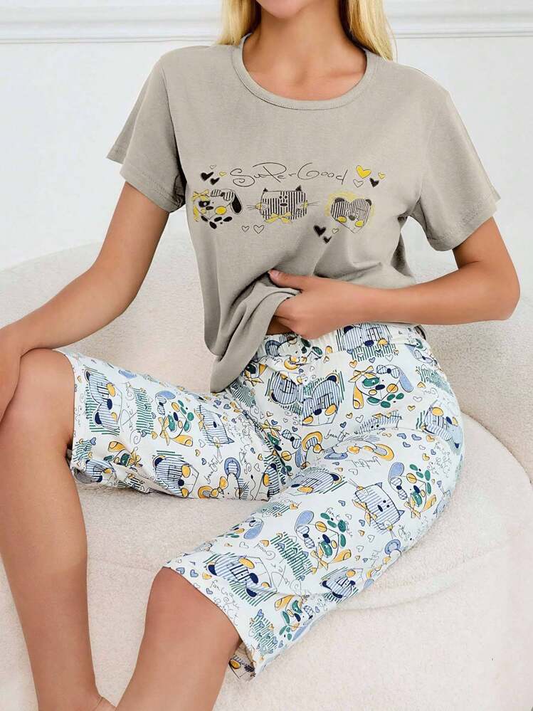 EURMUSE 100%Cotton 2Pcs Cotton Cute Animals Printed Shirt And Animals Printed Capri Homewear PJ Set - Beige - View 3
