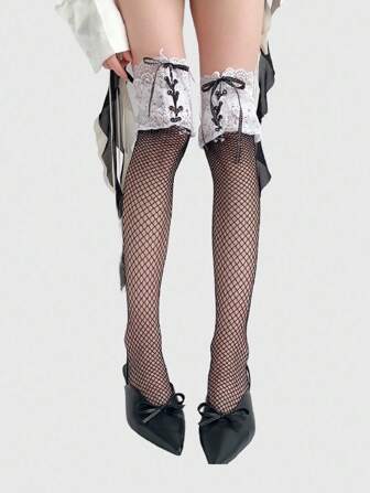 Grunge Punk 1 Pair Sexy Lace Trim Thigh High Stockings, Lace Patchwork Fishnet Pantyhose, Super Thin Elastic Sheer Tights