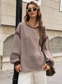 Bohemela 大码女式条纹圆领落肩长袖休闲T恤