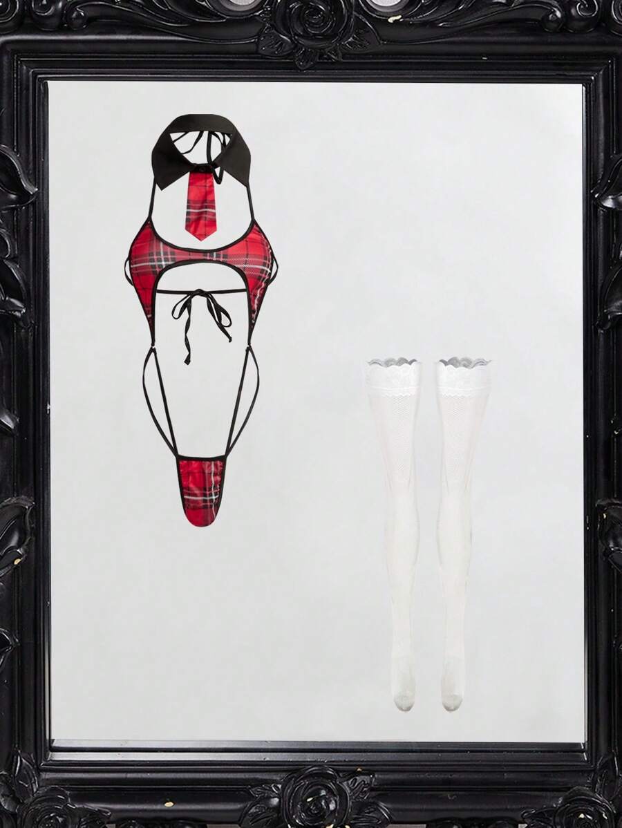 4 件套优雅细肩带格子角色扮演套装过膝袜女学生角色扮演服装，适合狂欢派对 - 紅色 - 查看 1