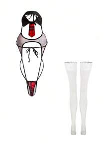 4 件套优雅细肩带格子角色扮演套装过膝袜女学生角色扮演服装，适合狂欢派对 - 紅色 - 查看 6