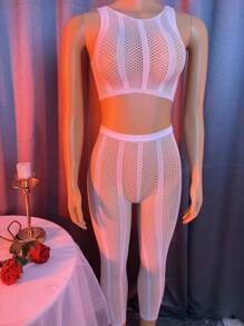 2pcs/Set Women's Neon Lingerie Set - Sexy Fishnet Bridallingerie - White - View 6