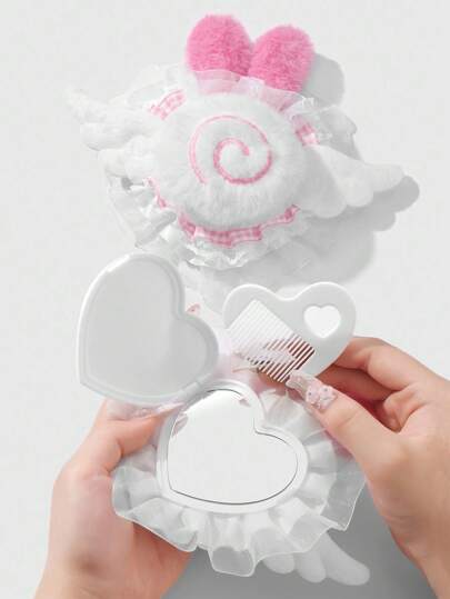 Kawaii 1 pieza Lindo y delicado espejo de vidrio en forma de corazón con peine, accesorios de acrílico con estilo de dibujos animados, adecuado para mujeres/niñas como accesorio diario o regalo, con diseño de 2D de pez con orejas de conejo y encaje