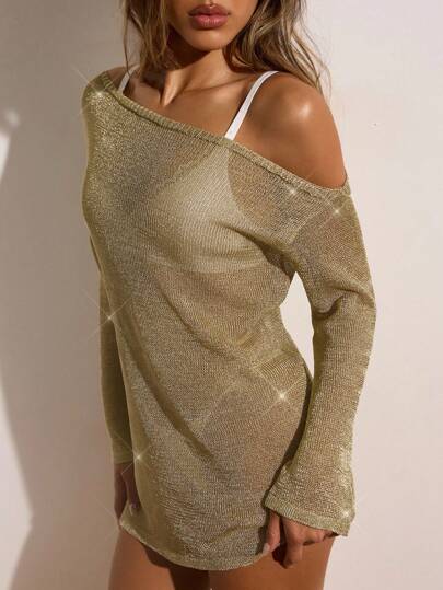 Opulessa Women Asymmetrical Collar Mini Knitted Dress  Holiday Outfits Summer Outfits Vacation