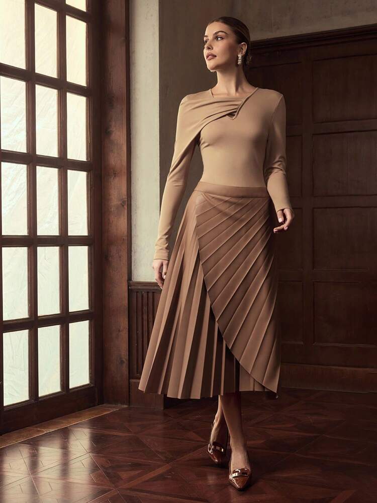 ZEYLAH Women's Asymmetrical Neck Ruffle Hem Cinched Waist Waist Dress, Autumn, No Belt Included