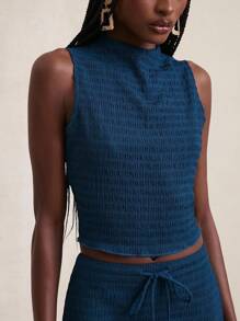 NYA SZN Canotta estiva senza maniche con collo a lupetto, casual, testurizzata, adatta per vacanze e uso quotidiano, in colore blu navy, per donna - Blu - Visualizzare 5