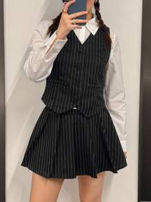 SHEIN 青少年女孩休闲简约舒适条纹翻领长袖衬衫、背心和裙子三件套 - 黑色 - 查看 3