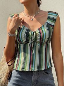 Jouncy Áo hai dây không tay ôm sát cổ chữ V kẻ sọc màu tương phản dành cho nữ - màu xanh lá - Xem 1