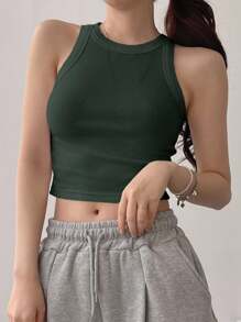 DAZY 女式纯色圆领短款基本款运动吊带背心 - 軍綠色 - 查看 4