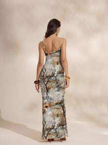 Shutterstock Glamance 女式修身无袖连衣裙，搭配枯树图案和鱼尾下摆，修身长裙，女式印花长裙，风景印花长裙，自然风长裙，Y2K 2000 年代返校俱乐部服装，女式性感 - 彩色 - 查看 2