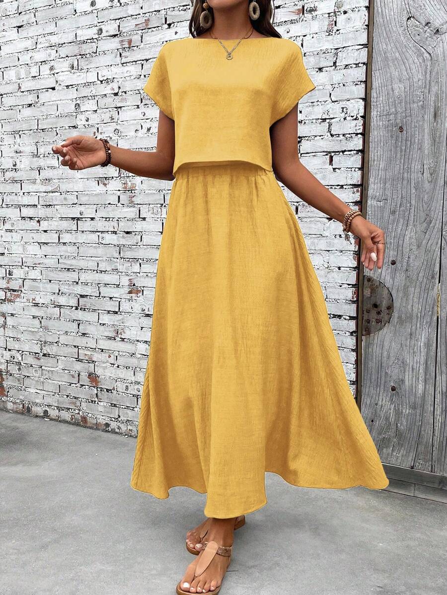 EMERY ROSE 2pcs Women Vacation Casual Solid Color Blouse And Mini Skirt Set