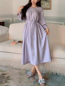 DAZY 简约纯色褶皱灯笼袖女式休闲连衣裙家居服、秋季睡衣 - 淡紫色 - 查看 5