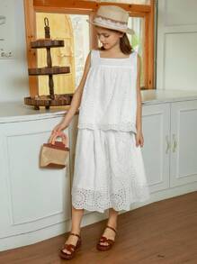 Hapijoa 2pcs/Set Tween Girl Girls Sleeveless Square Neck Top And Skirt Outfit, Summer - White - View 4