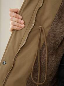 DAZY 女式轻便户外风衣外套，厚实拼色抽绳腰部休闲街头风格立领棉质外套，秋冬 - 棕色 - 查看 12