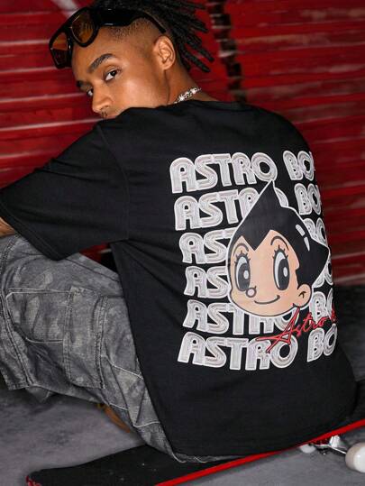 Astro Boy X ROMWE Men's Cartoon Graphic Short Sleeve T-Shirt, Casual Streetwear Suitable For Spring & Summer