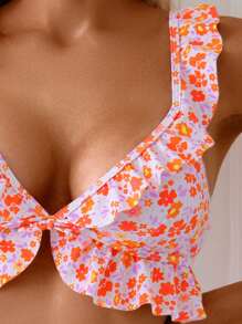 SHEIN Swim 2pcs Women Summer Floral Print Ruffles Tied High Waist Drawstring Cute Bikini Set - Multicolor - View 3