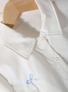 Genkimix Kids Girls Casual Fashionable Everyday Minimalist Turn-Down Collar Long Sleeve Loose Bow Embroidery Design White Shirt, Versatile Top For Back To School, Autumn Fall Winter