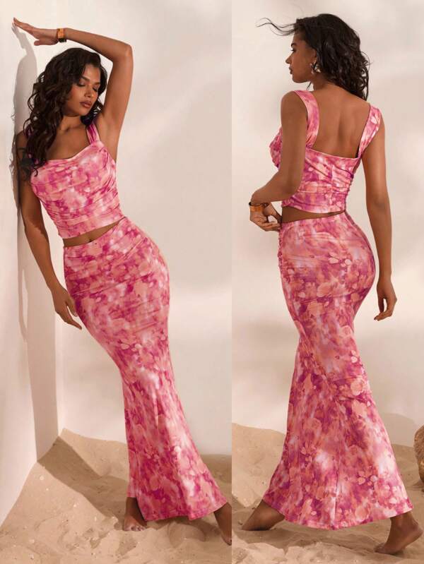 Opulessa Set de 2 piezas de top de tirantes elegante con estampado integral y falda de cola de pez para mujer en verano