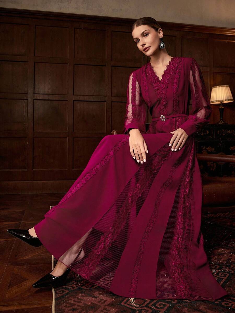 ZEYLAH 蕾丝拼布腰饰派对/正式连衣裙，秋冬 - Bold Plum - 查看 1