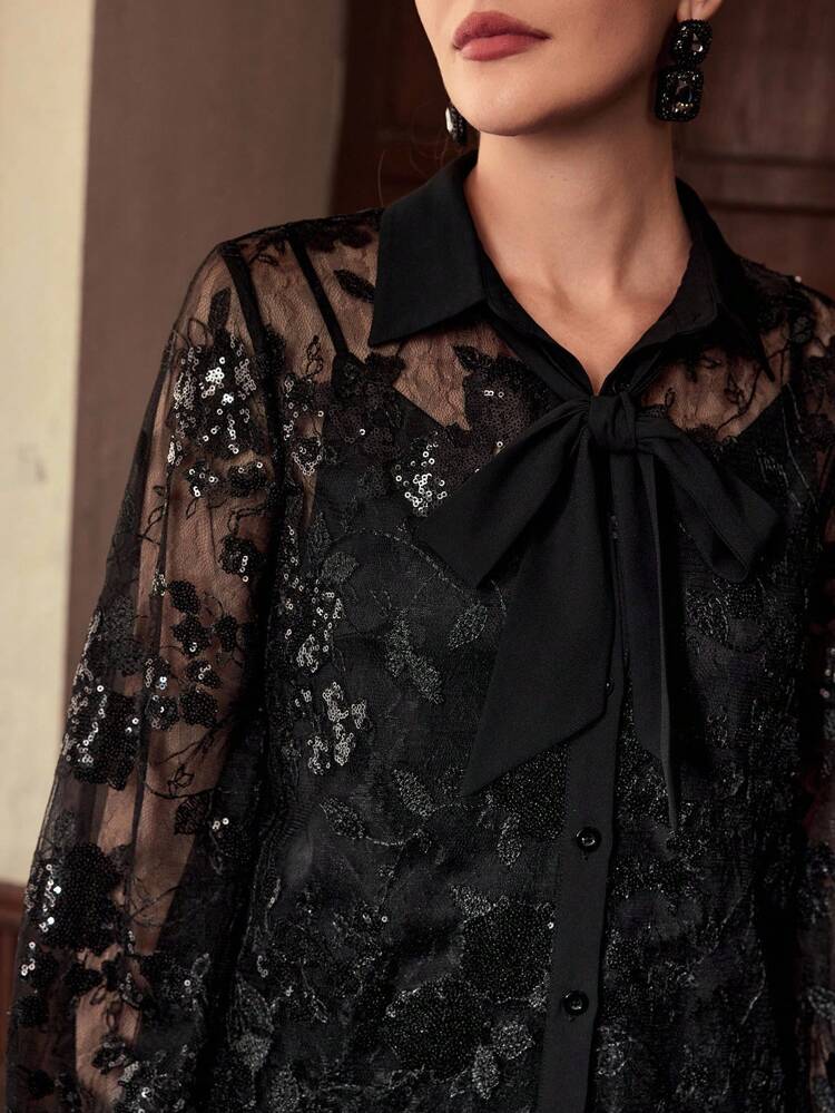 ZEYLAH Conjunto elegante de blusa de manga larga con encaje y lentejuelas y falda midi, para otoño/invierno