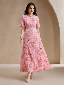 Anewsta Nuevos Llegados Vestido elegante entallado con cinturón, cuello redondo, manga corta, decoración de diamante rosa, encaje 3D floral de lujo - Rosa - Ver 3