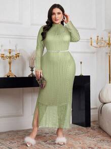 Modelyn Plus Size Elegant Solid Color Lace Dress, Autumn Long Evening Dresses - Green - View 5
