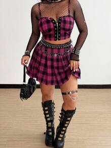 Whyspr Bộ đồ ngủ 2 trong 1 họa tiết kẻ sọc Punk gợi cảm mùa hè dành cho nữ cỡ lớn & chân váy ngắn xếp ly cạp cao - Nhiều màu - Xem 7