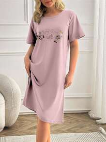 EURMUSE Women Contrast Colour Cute Animal Prints Basic Homewear Sleepdress - Coral Pink - View 4