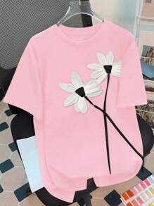 SHEIN LUNE 花卉印花圆领短袖T恤图案T恤女式上衣 - 淺粉色 - 查看 1
