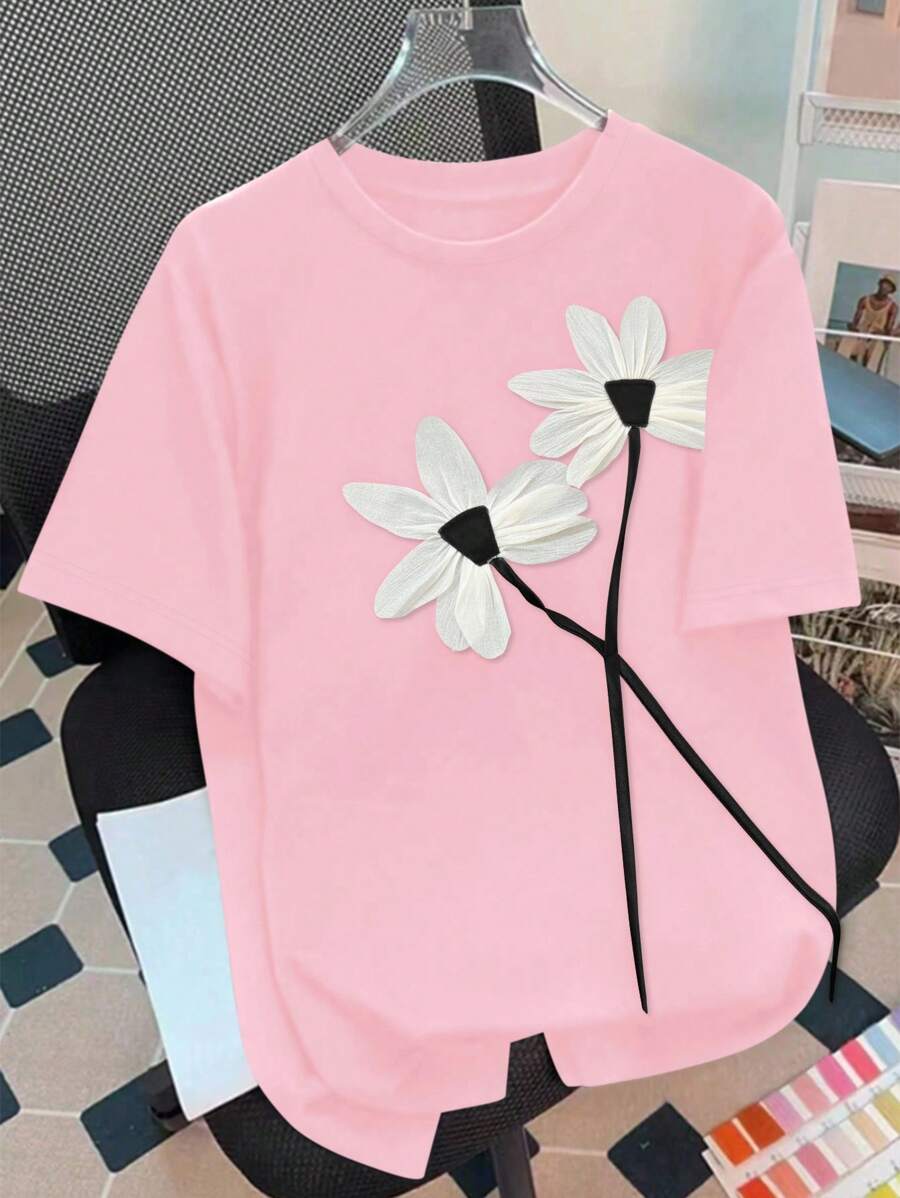 SHEIN LUNE 花卉印花圆领短袖T恤图案T恤女式上衣 - 淺粉色 - 查看 1