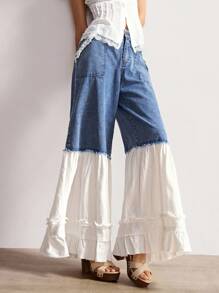 Bohemela Summer/Autumn Women's Vintage Casual Solid Color Woven Wide Leg Loose Fit Jeans Pants, Bohomian Style Vacation Outfits Wide Leg Jeans Women Ruffle Pants Loose Jeans Two Tone Jeans Tiered Ruffle Jeans