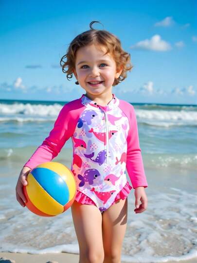 SHEIN Toddler Girls' Island & Coconut Palm Print Long Sleeve Full Body One-Piece Swimsuit With Ruffled Cap Sleeves, Sunblock