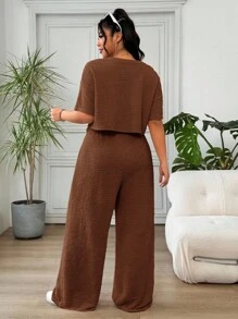 Solflare 2 件大码女式落肩上衣和裤子套装，休闲装 - 棕色 - 查看 2