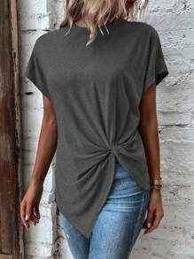SHEIN LUNE Summer Casual Solid Color Twist Asymmetrical Hem T-Shirt