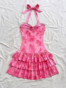 Soleia 女式复古紫红色花卉素描印花褶饰挂脖系带蝴蝶结层叠荷叶边下摆迷你连衣裙，适合度假、约会、下午茶、海滩、游轮、城市度假、音乐节、波西米亚风度假 - 粉色 - 查看 2